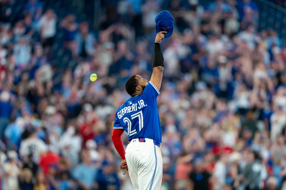 Jul 2, 2025; Toronto, Ontario, CAN; Toronto Blue Jays first base Vladimir Guerrero Jr. (27) celebrates after defeating the New York Yankees at Rogers Centre. Mandatory Credit: Kevin Sousa-Imagn Images
