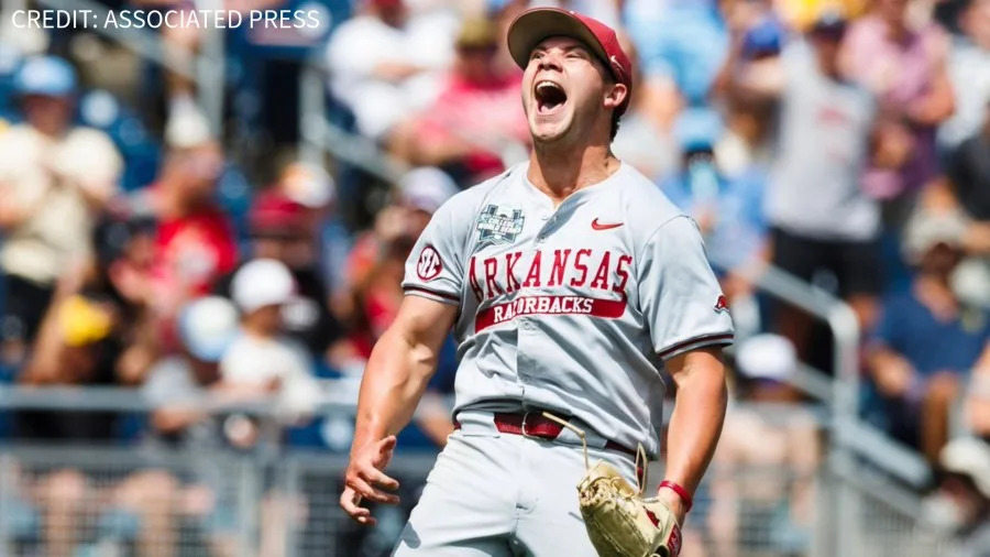 Arkansas pitcher Gage Wood celebrates after striking out the final Murray State batter in the eighth inning of an NCAA College World Series baseball game in Omaha, Neb., Monday, June 16, 2025. (Chris Machian/Omaha World-Herald via AP)