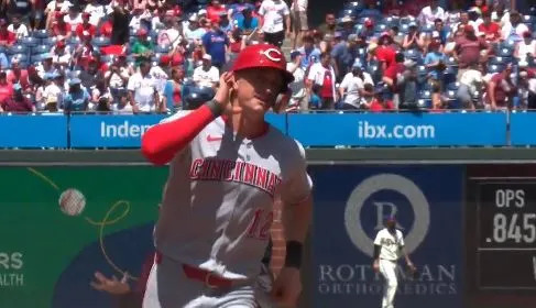 Austin Hayes puts his hand to his ear rounding the bases after hit a home run against the Phillies on Sunday. @TalkinBaseball/X