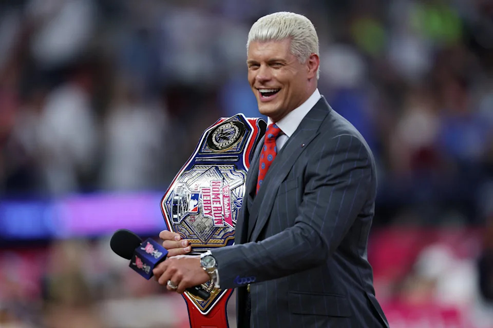 ATLANTA, GEORGIA - JULY 14: Professional wrestler Cody Rhodes speaks to the crowd during the Home Run Derby at Truist Park on July 14, 2025 in Atlanta, Georgia.  (Photo by Jamie Squire/Getty Images)