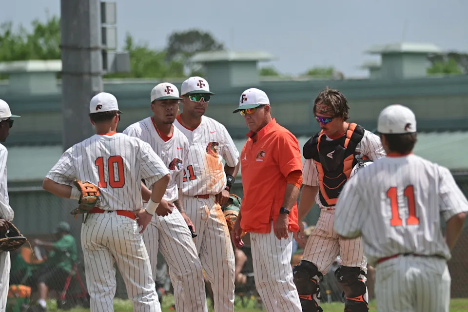Florida A&M head coach Jamey Shouppe speaks to his team during an NCAA Southwestern Athletic Conference baseball game versus the Jackson State Tigers on Moore-Kittles Field in Tallahassee, Florida, Sunday, April 6, 2025.
