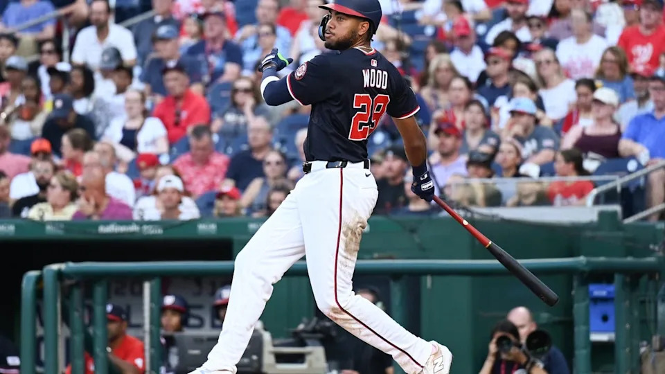 <div>WASHINGTON, DC - JULY 03: James Wood #29 of the Washington Nationals hits a home run during the game between the Detroit Tigers and the Washington Nationals at Nationals Park on Thursday, July 3, 2025 in Washington, District of Columbia. (Photo by Alyssa McDaniel/MLB Photos via Getty Images)</div>