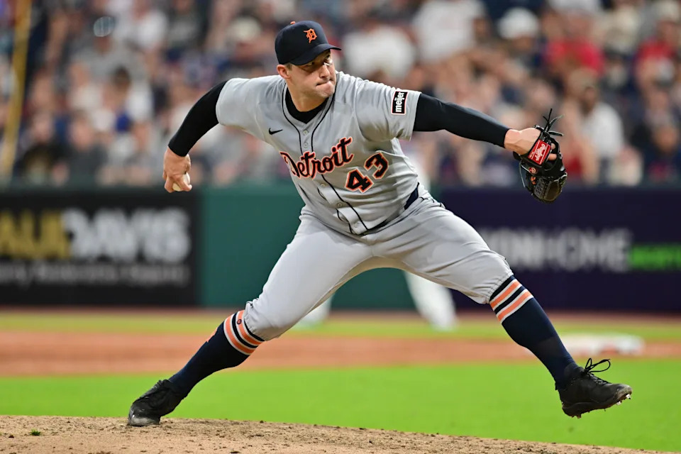 Detroit Tigers relief pitcher Tommy Kahnle (43) throws a pitch during the ninth inning against the Cleveland Guardians at Progressive Field in Cleveland on Saturday, July 5, 2025.