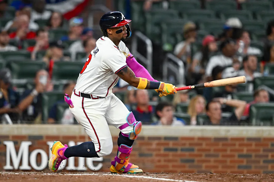 ATLANTA, GA  JULY 03:  Atlanta right fielder Ronald Acuna Jr. (13) singles during the MLB game between the Los Angeles Angels and the Atlanta Braves on July 3rd, 2025 at Truist Park in Atlanta, GA. (Photo by Rich von Biberstein/Icon Sportswire via Getty Images)