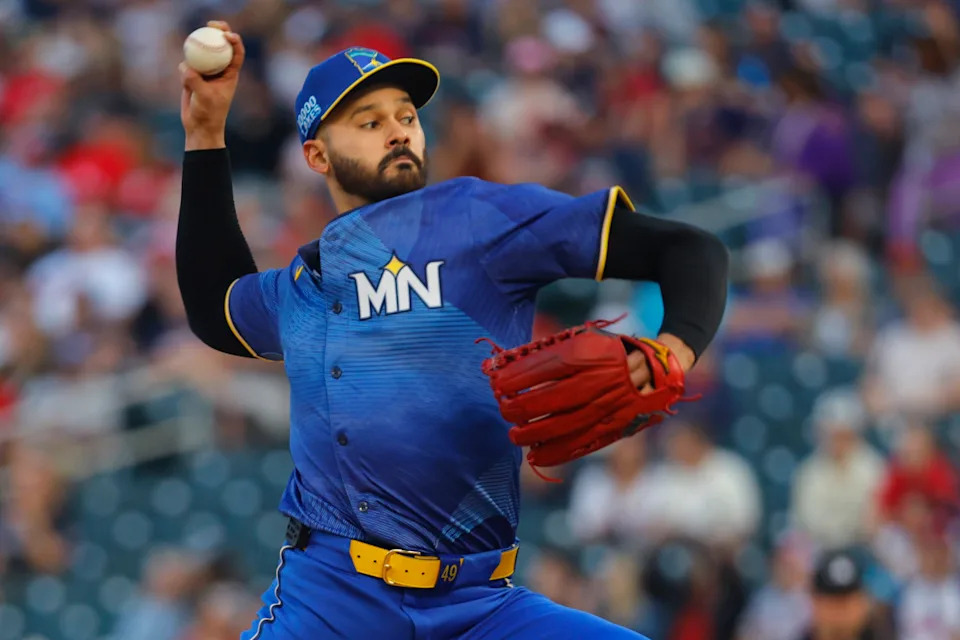 Aug 30, 2024; Minneapolis, Minnesota, USA; Minnesota Twins starting pitcher Pablo Lopez (49) throws to the Toronto Blue Jays in the second inning at Target Field. Mandatory Credit: Bruce Kluckhohn-USA TODAY Sports © Bruce Kluckhohn-USA TODAY Sports