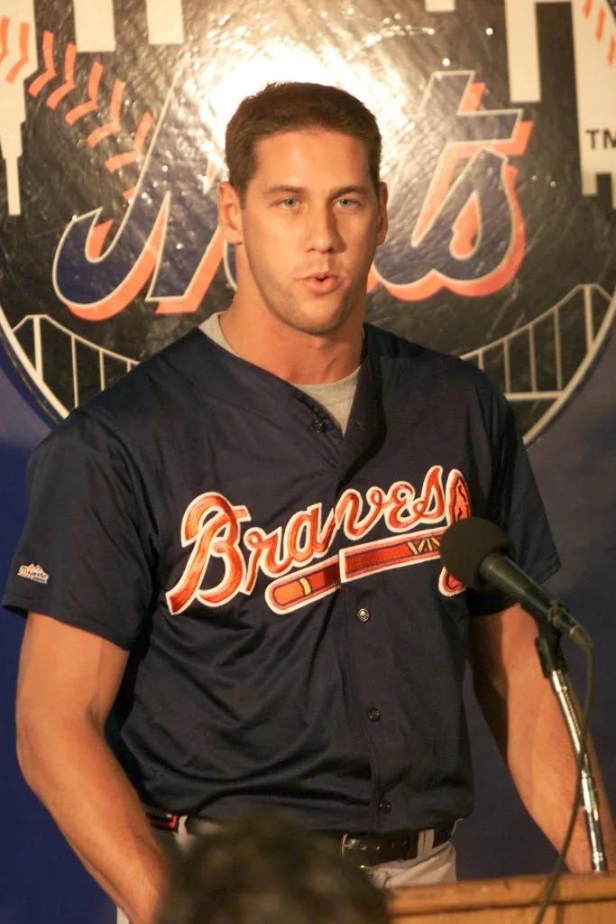 Braves relief pitcher John Rocker gives a press conference and reads a prewritten statement before the game on June 29, 2000. New York Post/ Charles Wenzelberg