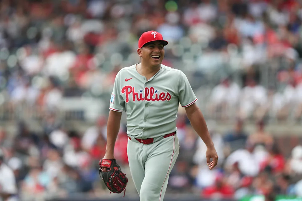 Philadelphia Phillies starting pitcher Ranger Suarez (55) reacts to his strikeout during a game against the Atlanta Braves during the sixth inning at Truist Park.Mady Mertens-Imagn Images