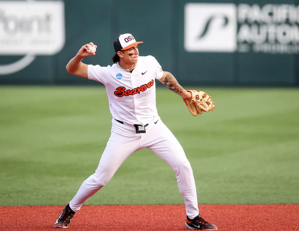 Oregon State infielder Aiva Arquette throws the ball toward first base during the game against Saint Maryâ€™s in the NCAA Corvallis Regional on Friday, May 30, 2025 at Goss Stadium at Coleman Field in Corvallis, Ore.