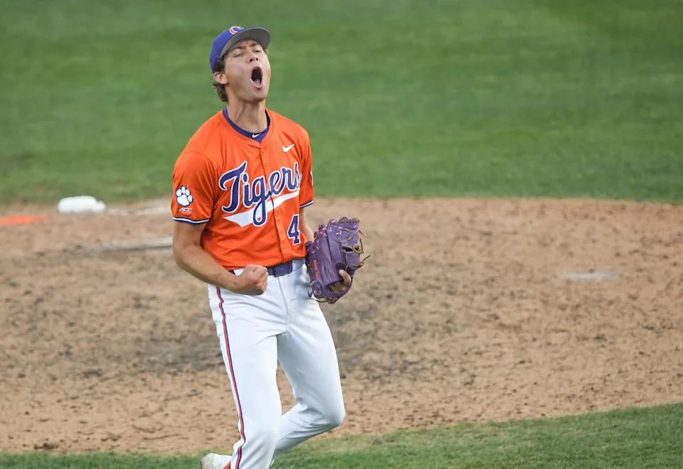 Clemson senior Lucas Mahlstedt (47) reacts after closing out the game against University of Louisville at Doug Kingsmore Stadum in Clemson, S.C. Friday, April 18, 2025.