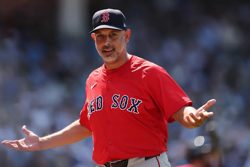 Manager Alex Cora of the Boston Red Sox argues with umpire Will Little against the Chicago Cubs during the seventh inning at Wrigley Field on July 18, 2025 in Chicago, Illinois. Getty Images