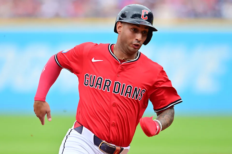 Jul 20, 2025; Cleveland, Ohio, USA; Cleveland Guardians shortstop Brayan Rocchio (4) rounds third base en route to scoring on a hit by designated hitter David Fry (not pictured) during the fourth inning against the Athletics at Progressive Field. Mandatory Credit: Ken Blaze-Imagn Images
