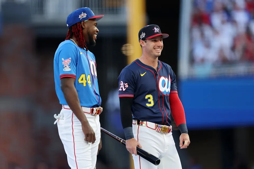 ATLANTA, GEORGIA - JULY 14: Oneil Cruz #15 of the Pittsburgh Pirates and Brent Rooker #25 of the Athletics are introduced before the Home Run Derby at Truist Park on July 14, 2025 in Atlanta, Georgia.  (Photo by Kevin C. Cox/Getty Images)