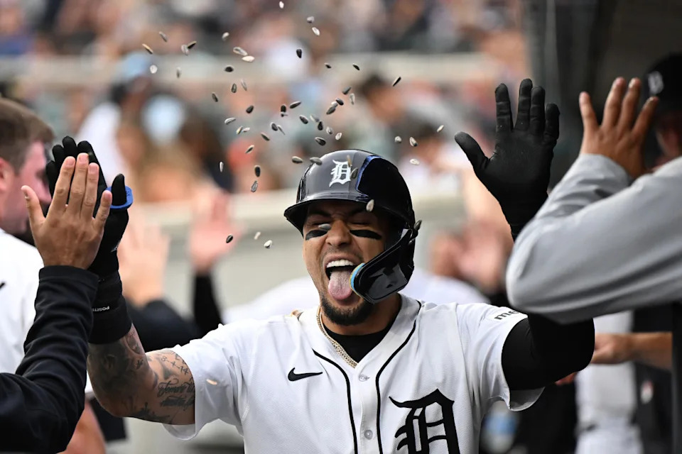Detroit Tigers' Javier Baez celebrates his home run against the Tampa Bay Rays on July 7, 2025. © Lon Horwedel-Imagn Images