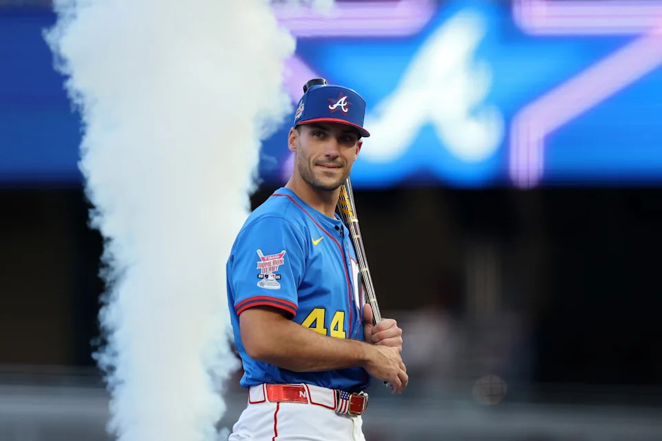 ATLANTA, GEORGIA - JULY 14: Matt Olson #28 of the Atlanta Braves is introduced before the Home Run Derby at Truist Park on July 14, 2025 in Atlanta, Georgia.  (Photo by Kevin C. Cox/Getty Images)