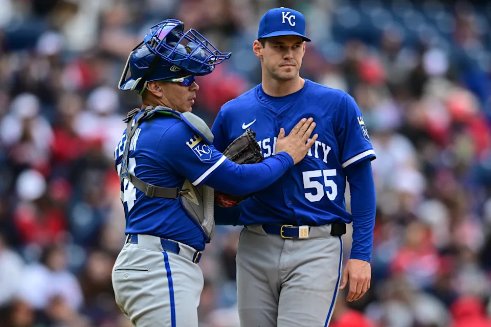 Kansas City Royals starting pitcher Cole Ragans (55) is congratulated by catcher Freddy Fermin (34) © David Dermer-Imagn Images