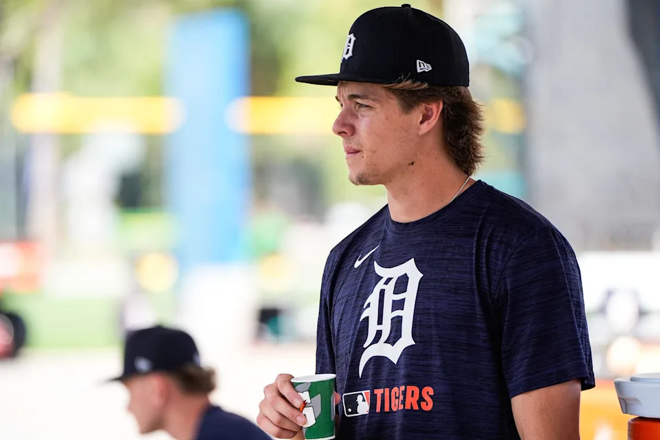 Detroit Tigers prospect Bryce Rainer watches practice during spring training at TigerTown in Lakeland on Friday, Feb. 20, 2025.