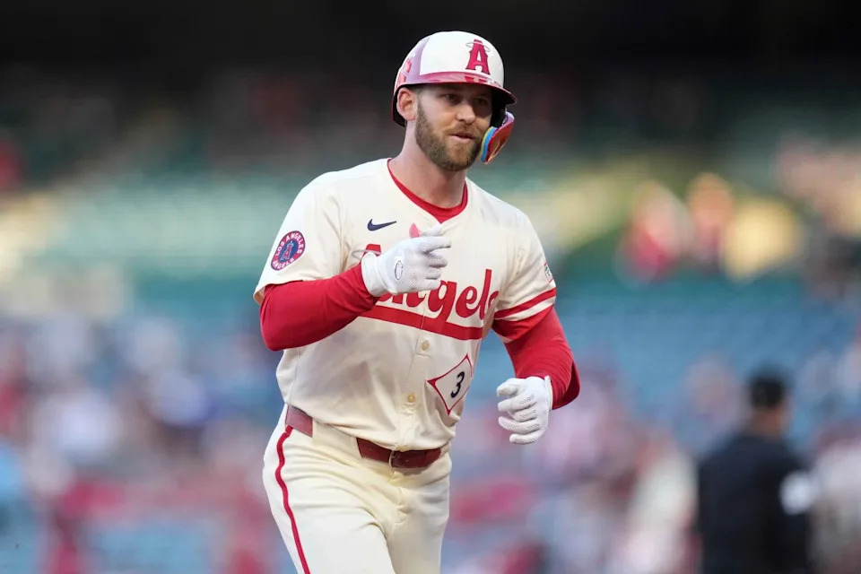 Los Angeles Angels left fielder Taylor Ward (3) gestures after hitting a two-run home run in the first inning against the Toronto Blue Jays at Angel Stadium.Kirby Lee-Imagn Images