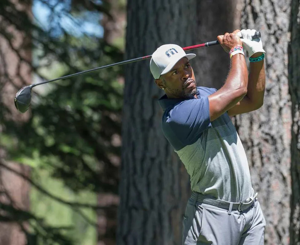 Jimmy Rollins hits a tee shot during the ACC Golf Tournament at Edgewood Tahoe Golf Course in South Lake Tahoe on Saturday, July 11, 2020.