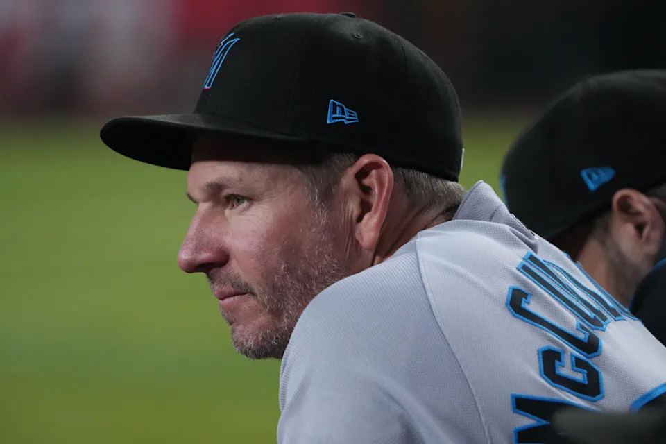 Miami Marlins manager Clayton McCullough (86) looks on against the Arizona Diamondbacks during the fifth inning at Chase Field.Joe Camporeale-Imagn Images