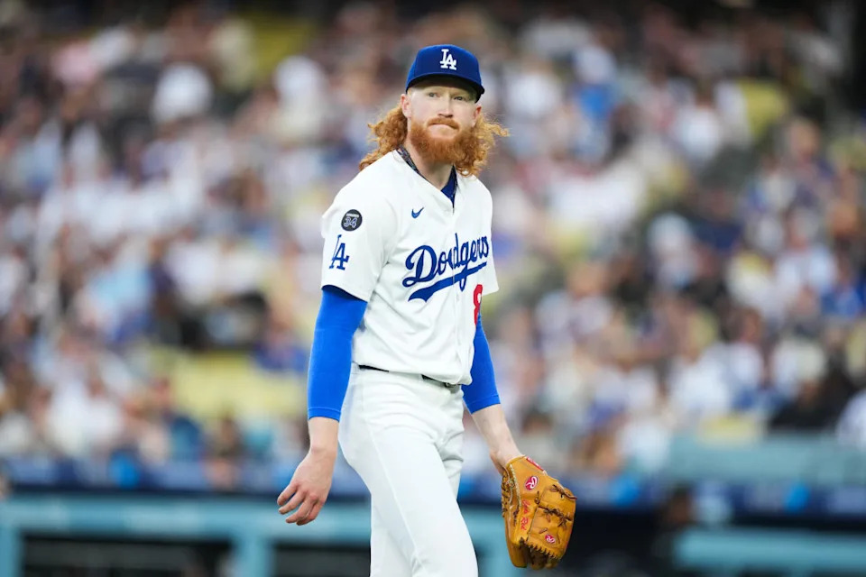 Los Angeles Dodgers starting pitcher Dustin May (85) looks on during the second inning against the Chicago White Sox at Dodger Stadium.