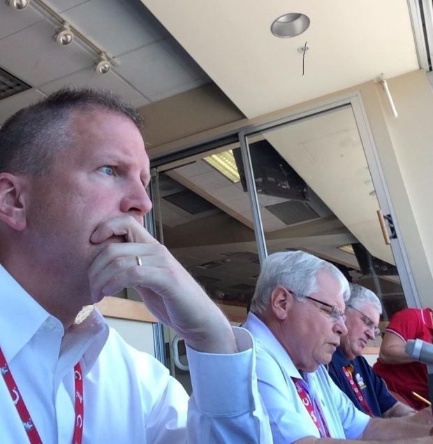 Jacobs graduate Doug Feldmann, left, works in the press box at Cincinnati's Great American Ballpark. (Doug Feldmann photo)