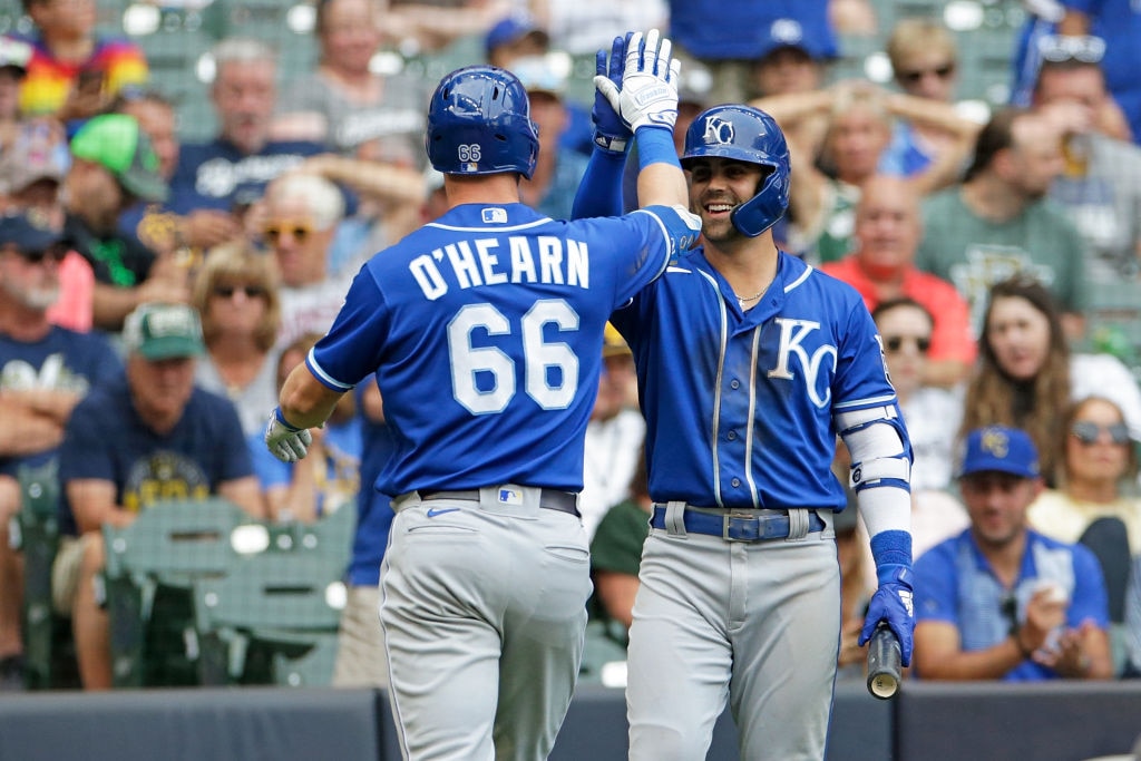 MILWAUKEE, WISCONSIN - JULY 20: Ryan O'Hearn #66 of the Kansas City Royals is congratulated by Whit Merrifield #15 of the Kansas City Royals after hitting a two run homer in the seventh inning against the Milwaukee Brewers at American Family Field on July 20, 2021 in Milwaukee, Wisconsin. (Photo by John Fisher/Getty Images)