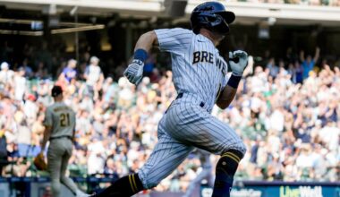 Milwaukee Brewers' Sal Frelick hits a two-run scoring double during the sixth inning of a baseball game against the San Diego Padres Sunday, Aug. 27, 2023, in Milwaukee.