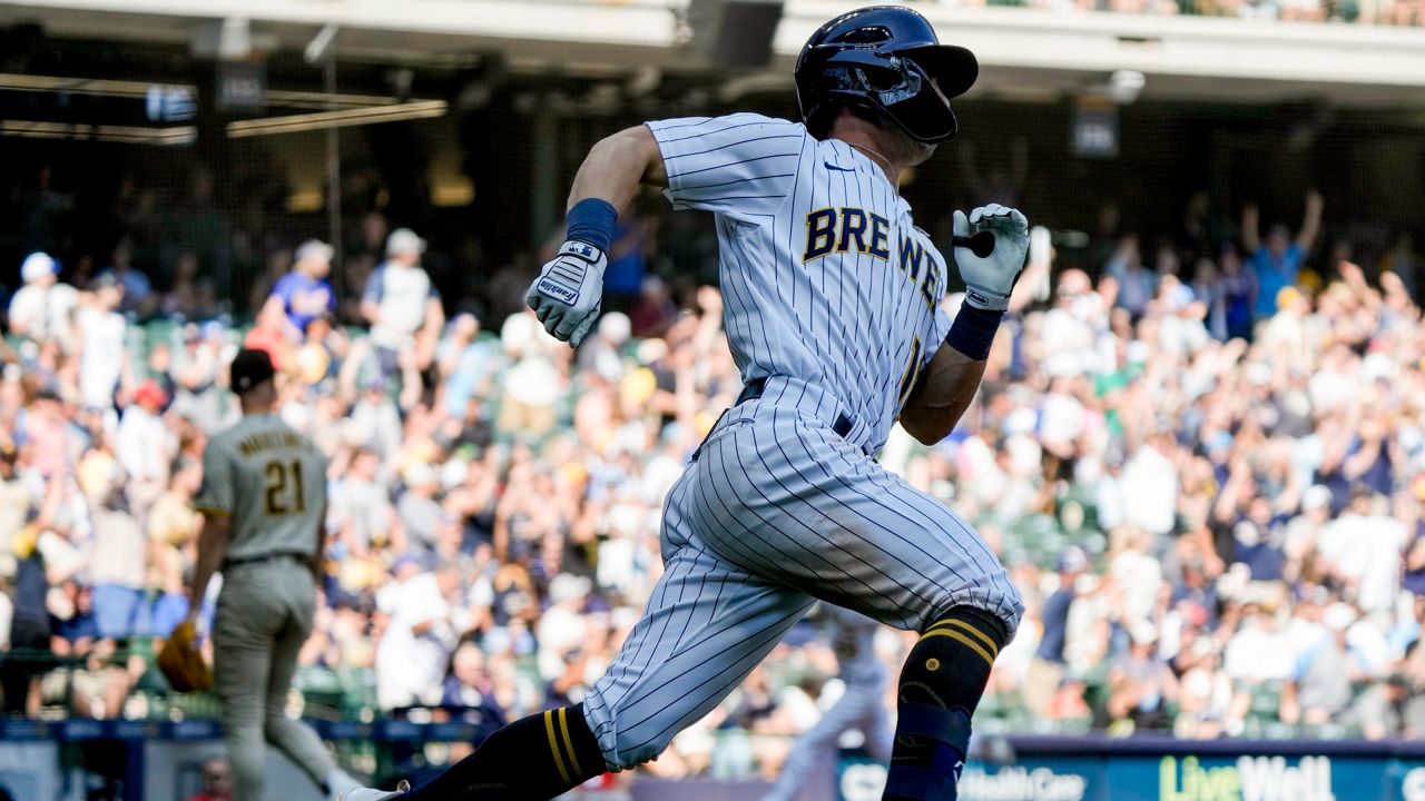 Milwaukee Brewers' Sal Frelick hits a two-run scoring double during the sixth inning of a baseball game against the San Diego Padres Sunday, Aug. 27, 2023, in Milwaukee.