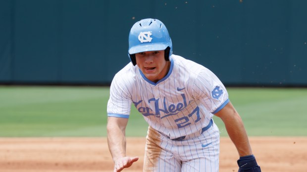 North Carolina's Kane Kepley runs the bases during an NCAA regional game May 30, 2025, in Chapel Hill, N.C. (AP Photo/Ben McKeown)