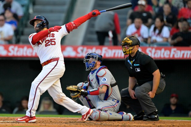 The Angels’ Travis d’Arnaud hits a two-run home run during...