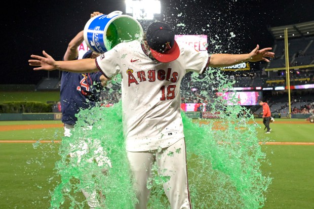Angels catcher Logan O’Hoppe douses teammate Nolan Schanuel with a...
