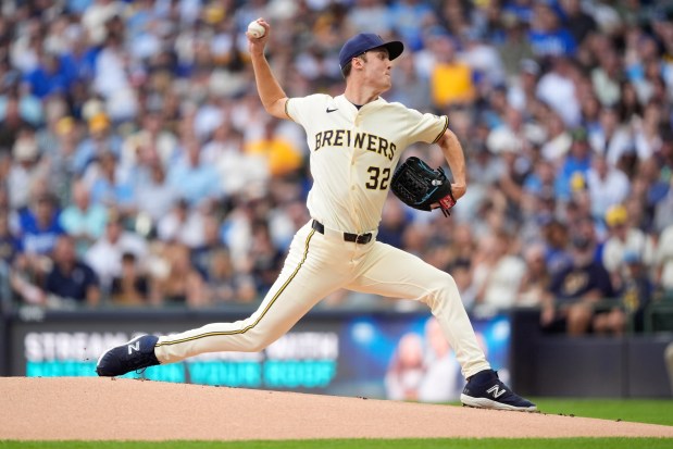 Milwaukee Brewers starting pitcher Jacob Misiorowski throws to the plate during the first inning of their game against the Dodgers on Tuesday night in Milwaukee. The hard-throwing rookie struck out 12 in six innings in a 3-1 win. (AP Photo/Aaron Gash)