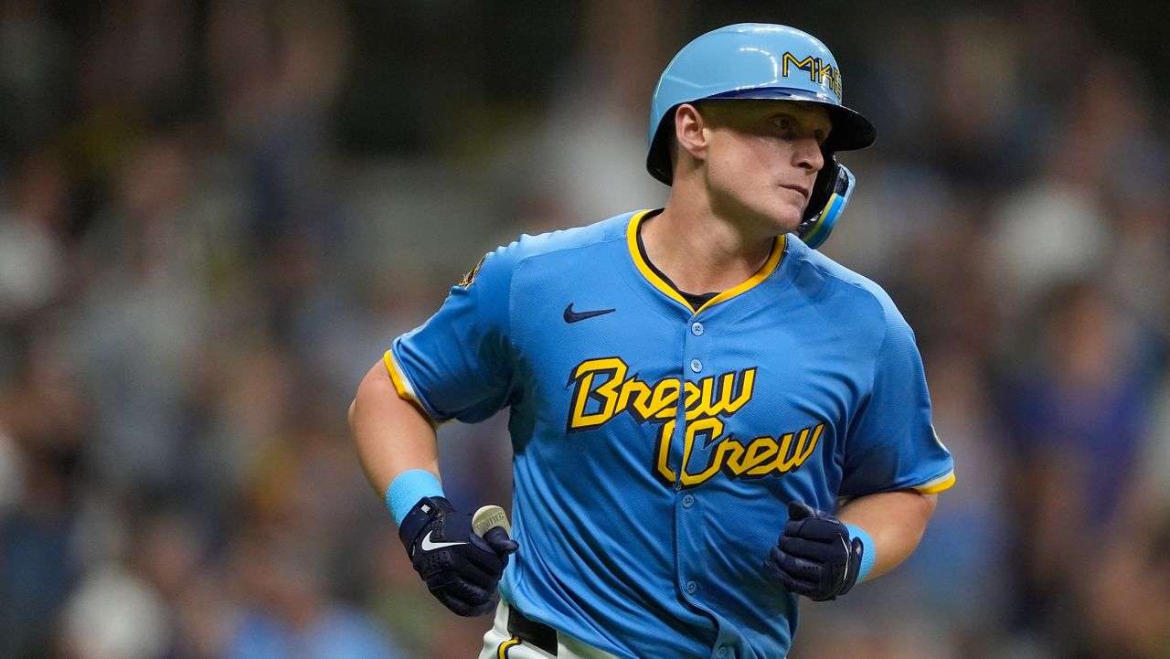 Milwaukee Brewers' Andrew Vaughn rounds the bases after hitting a solo home run during the seventh inning of a baseball game against the Washington Nationals, Friday, July 11, 2025, in Milwaukee. (AP Photo/Aaron Gash)