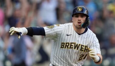 Milwaukee Brewers' Caleb Durbin gestures after hitting a walkoff single during the ninth inning of a baseball game against the Washington Nationals, Saturday, July 12, 2025, in Milwaukee. (AP Photo/Aaron Gash)