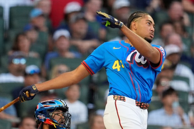 The Washington Nationals’ James Wood competes during the MLB baseball...