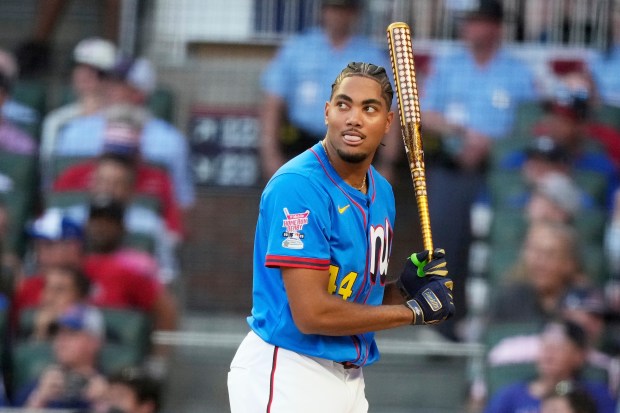 The Washington Nationals’ James Wood competes during the MLB baseball...