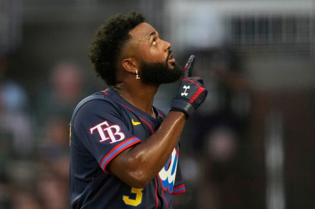 The Tampa Bay Rays’ Junior Caminero reacts during the MLB...