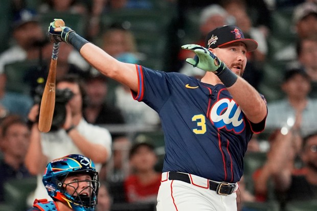 The Seattle Mariners’ Cal Raleigh competes during the MLB baseball...