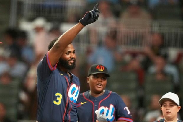 The Tampa Bay Rays’ Junior Caminero celebrates during the MLB...