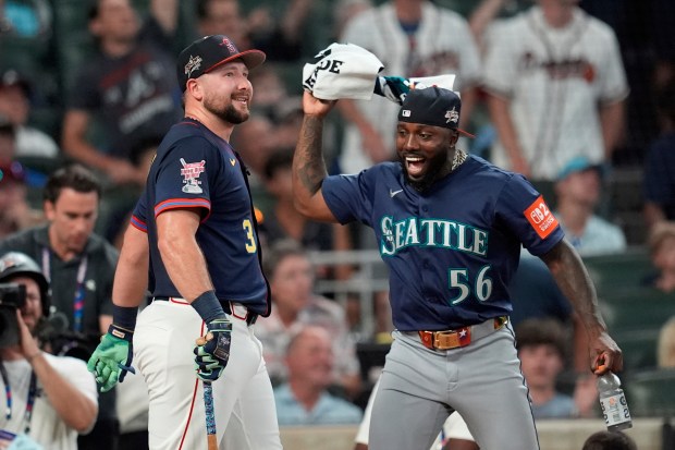The Seattle Mariners’ Cal Raleigh competes during the MLB baseball...