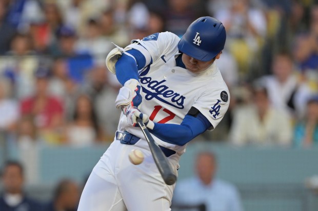 Dodgers star Shohei Ohtani hit a two-run home run during...