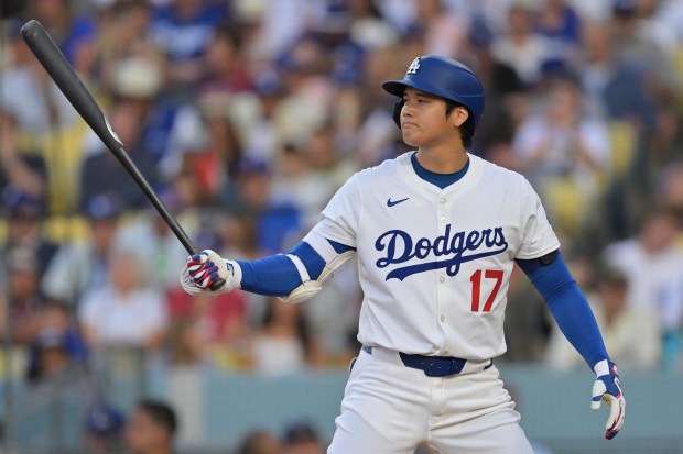 Dodgers star Shohei Ohtani steps in to bat during the...