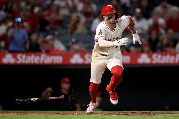 The Angels’ Zach Neto drives in the winning run during...