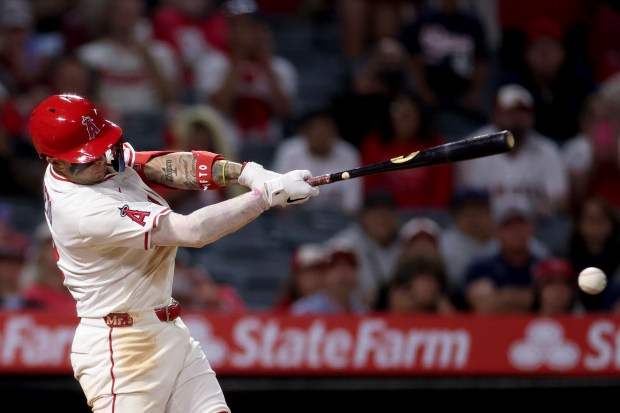 The Angels’ Zach Neto drives in the winning run during...