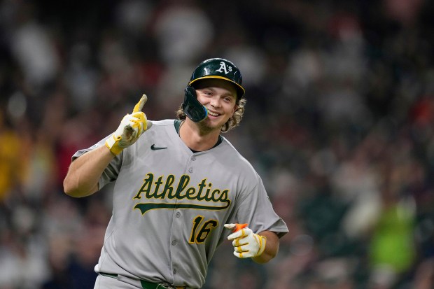 Athletics' Nick Kurtz celebrates after hitting a three-run home run, his fourth home run of the game, against the Houston Astros during the ninth inning of a baseball game Friday, July 25, 2025, in Houston. (AP Photo/David J. Phillip)