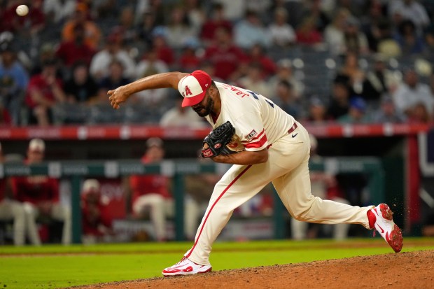 Angels relief pitcher Kenley Jansen throws to the plate during...