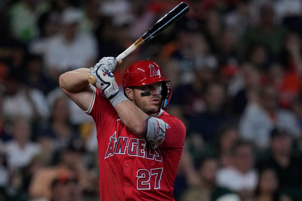 Los Angeles Angels' Mike Trout bats during the third inning of a baseball game against the...