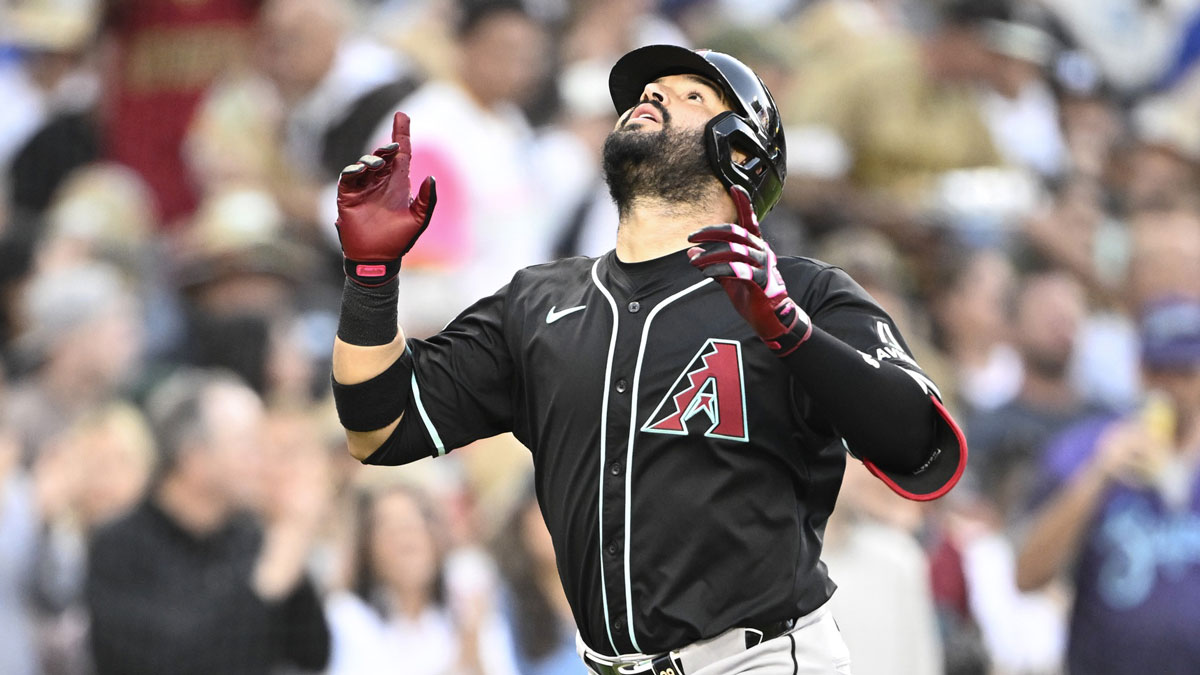 Arizona Diamondbacks third baseman Eugenio Suarez (28) points skyward after hitting a solo home run during the fourth inning against the San Diego Padres at Petco Park.