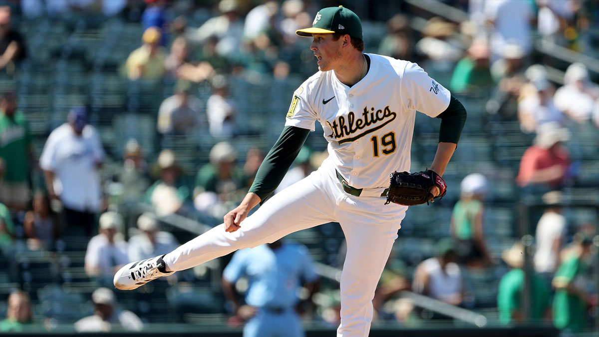 Athletics pitcher Mason Miller (19) follows through after throwing a pitch against the Toronto Blue Jays during the ninth inning at Sutter Health Park. MLB