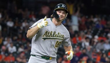 Athletics designated hitter Nick Kurtz (16) celebrates after hitting his fourth home run of the game during the ninth inning against the Houston Astros at Daikin Park.